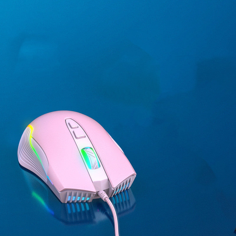 Pink computer mouse with colorful lighting on a blue background