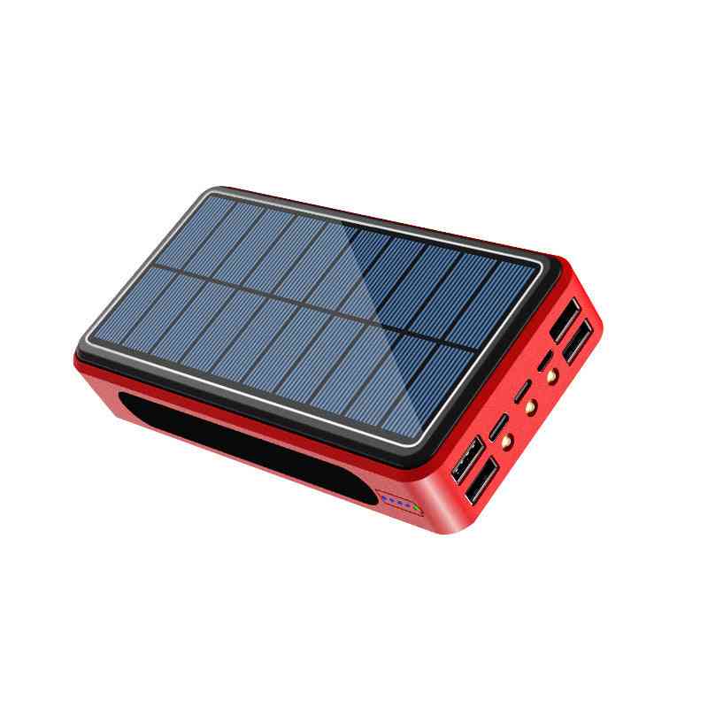 Red solar power bank with a black border on a white background