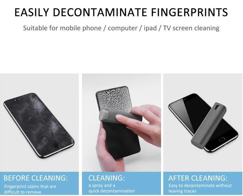 Product demonstration of a screen cleaning tool on a smartphone with text indicating its use for mobile phones, computers, iPads, and TVs.