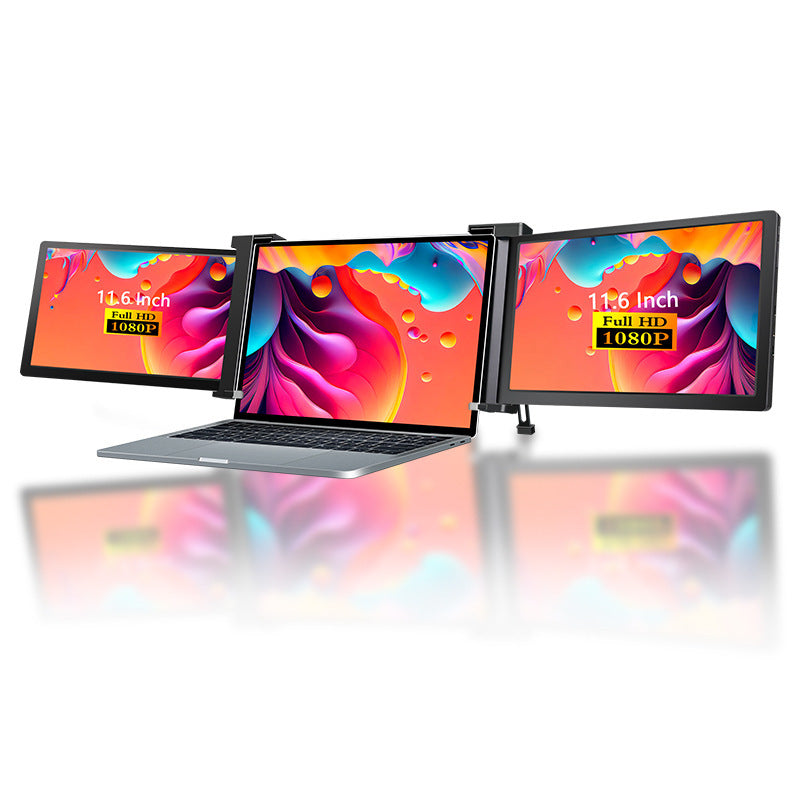 Three laptop screens displaying colorful wallpapers on a white background