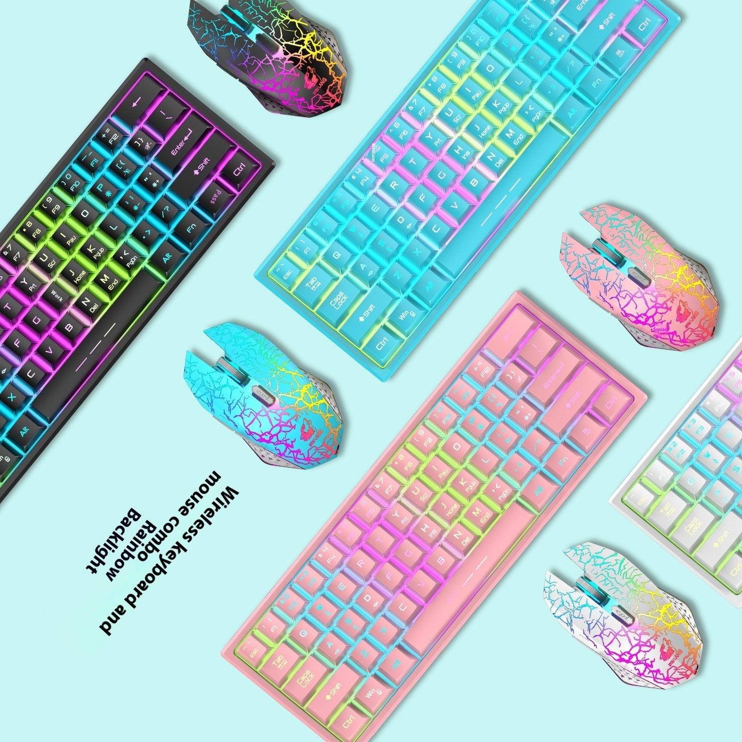 Colorful keyboards and mice on a light blue background