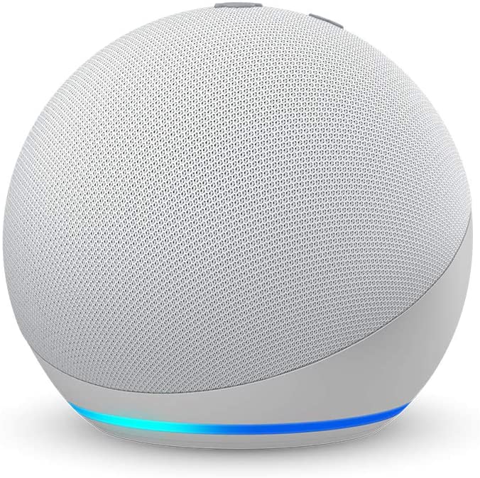 Smart speaker with a textured surface and blue light on a white background