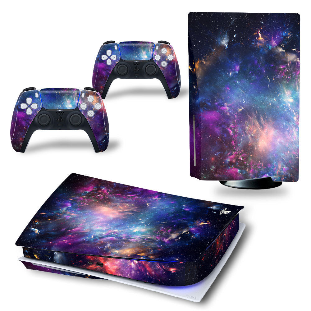 Gaming console and controllers with a galaxy-themed skin on a white background