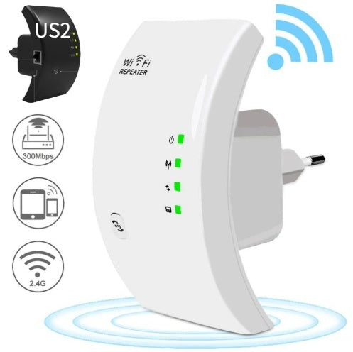 White Wi-Fi repeater with power plug on a white background