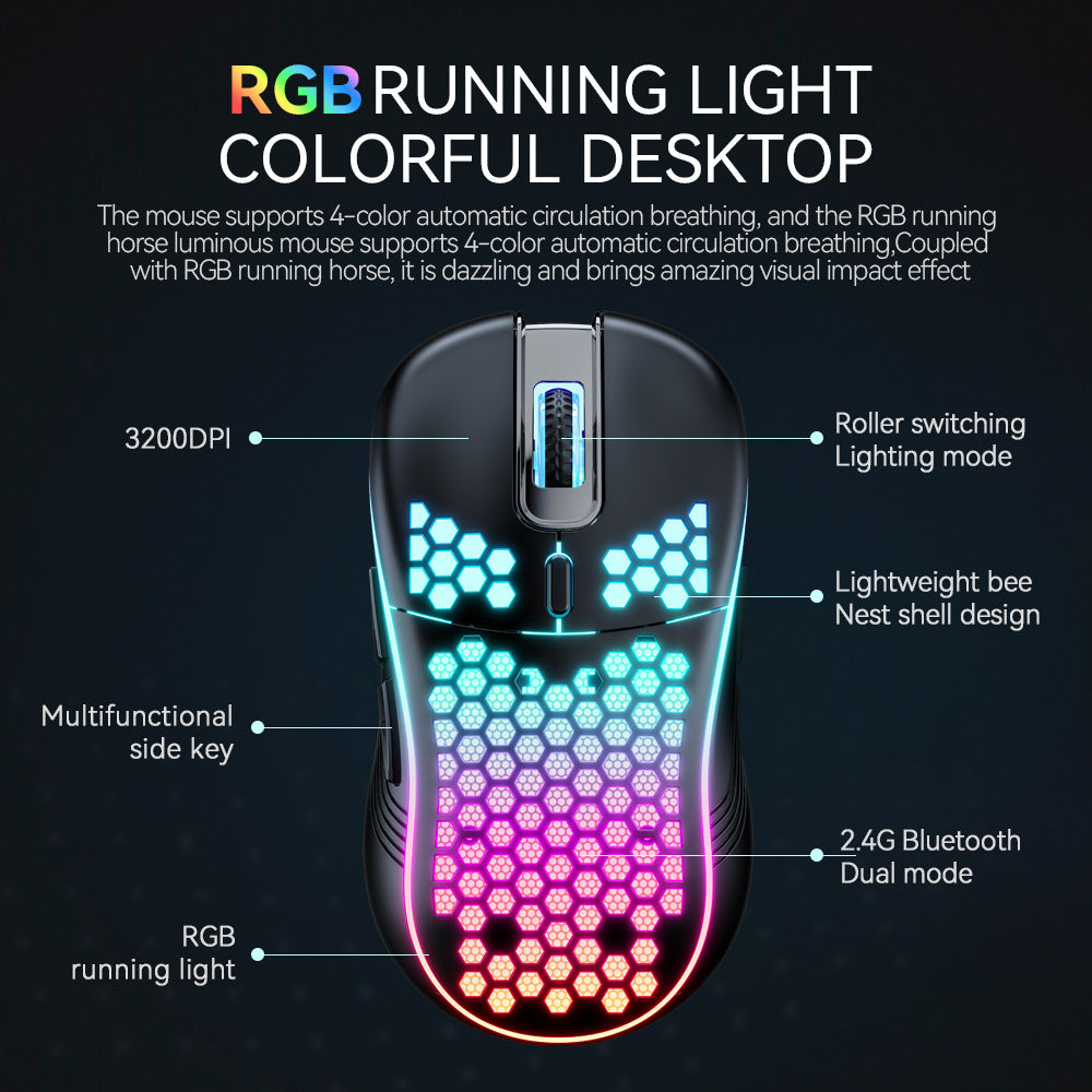 Gaming mouse with RGB lighting and features highlighted on a dark background