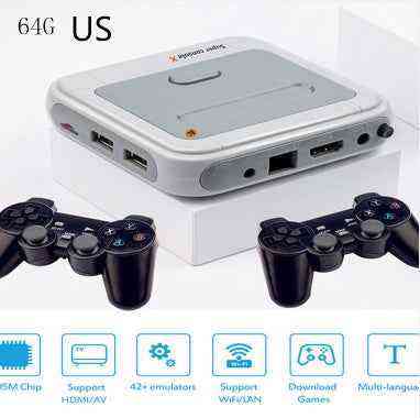 Gaming console with controllers on a white background