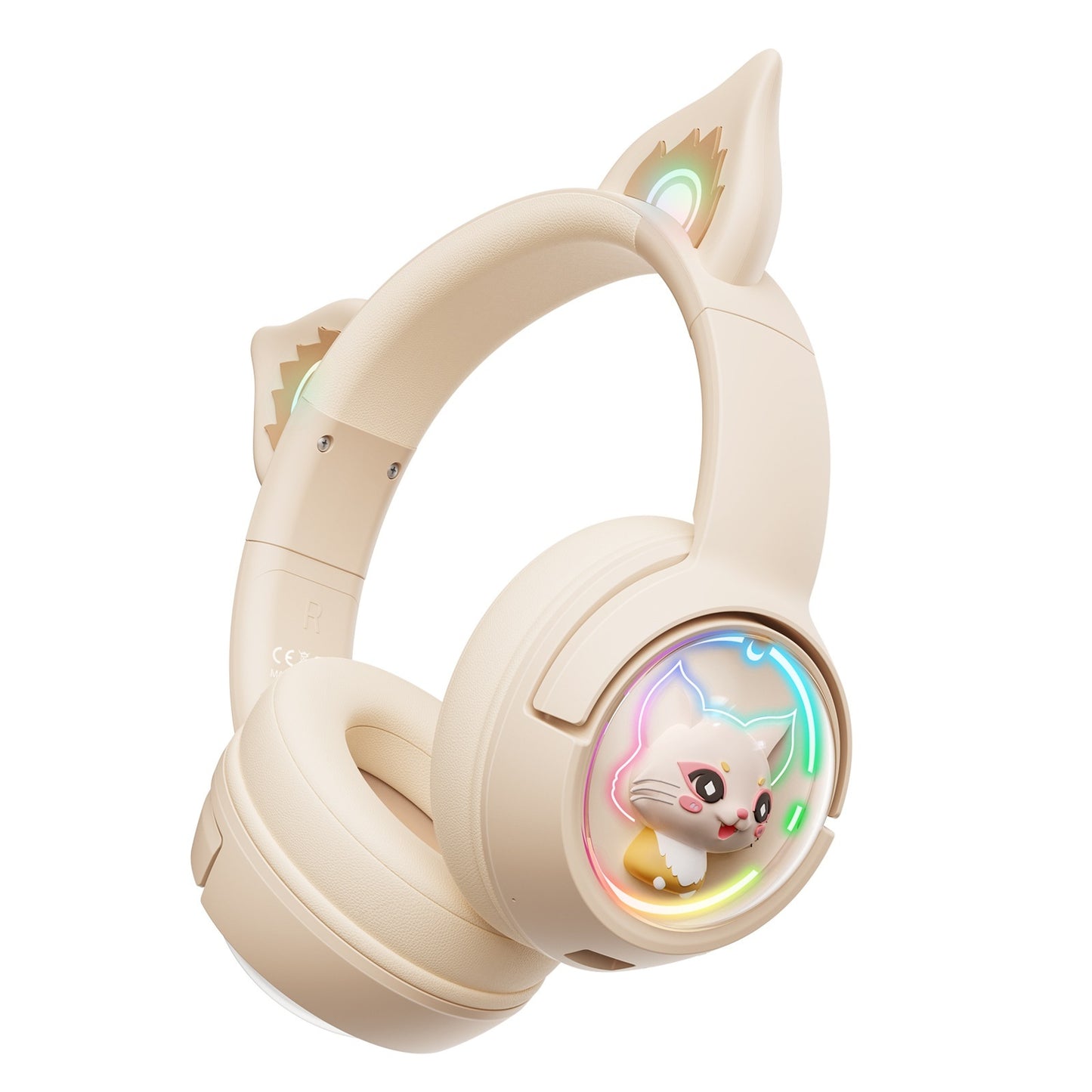 Beige headphones with cat ear design and LED light display on a white background