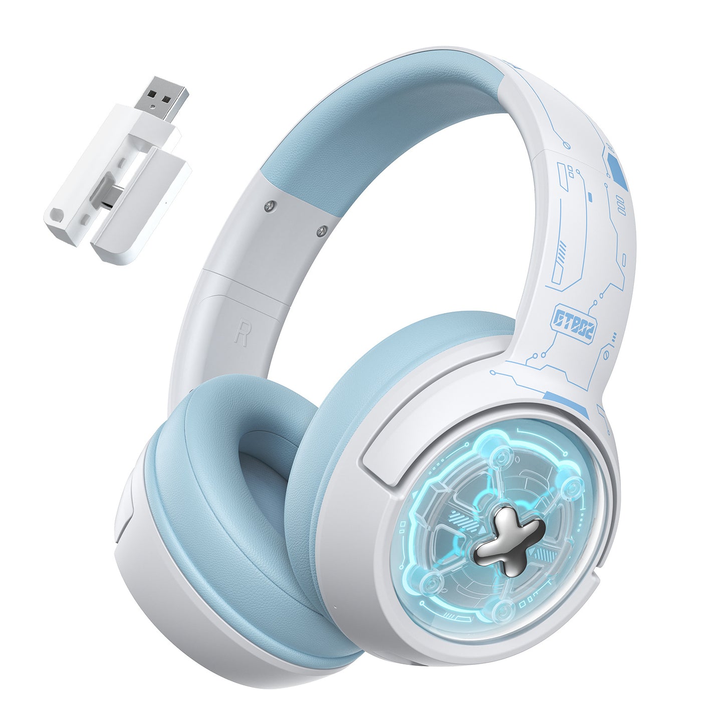 White and light blue headphones with a USB device on a white background