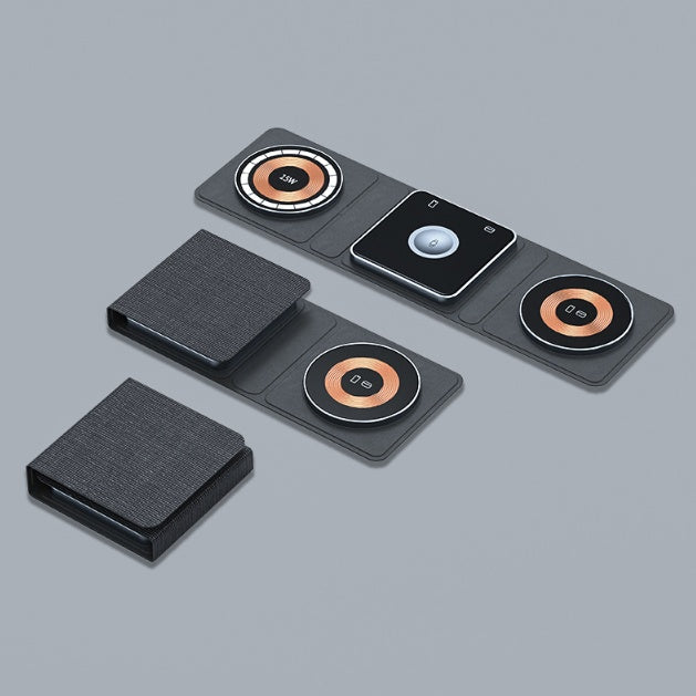 Set of wireless charging pads with circular and square designs on a gray background