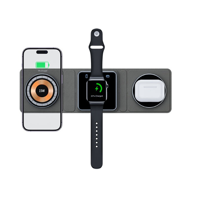Multi-device wireless charging station with smartphone, smartwatch, and airpods on a white background