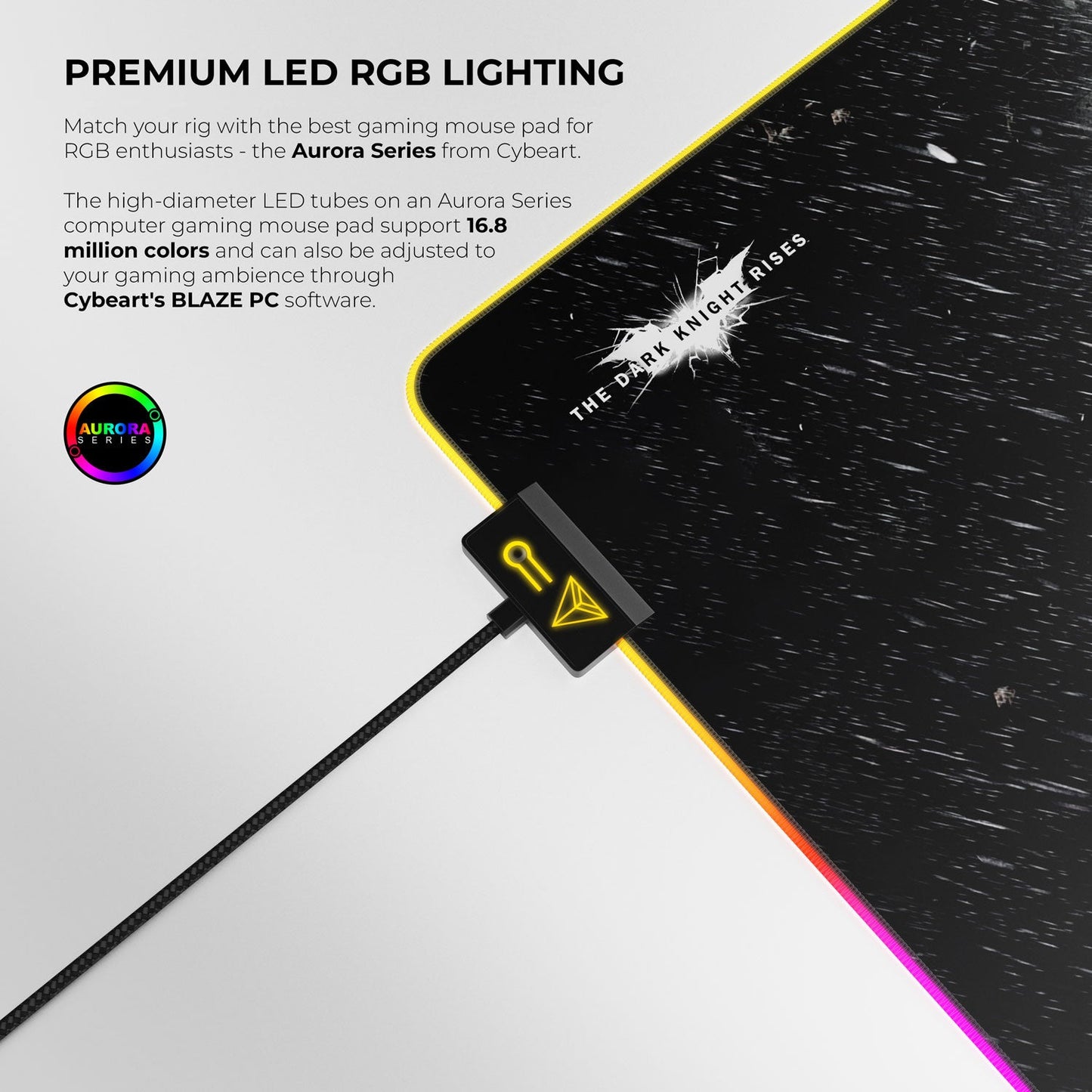 Gaming mouse pad with LED RGB lighting and text about the Aurora Series from Cybeart.