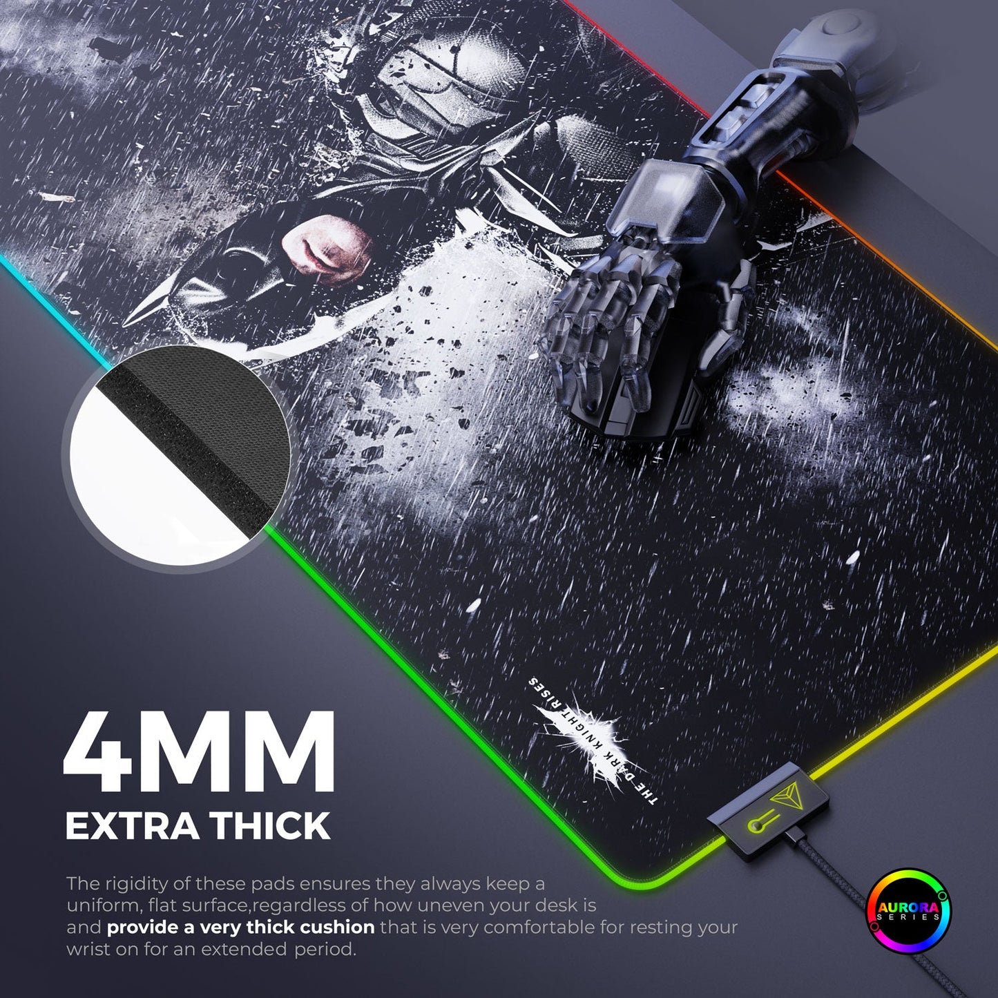 Gaming mouse pad with superhero design and 4mm thick padding feature