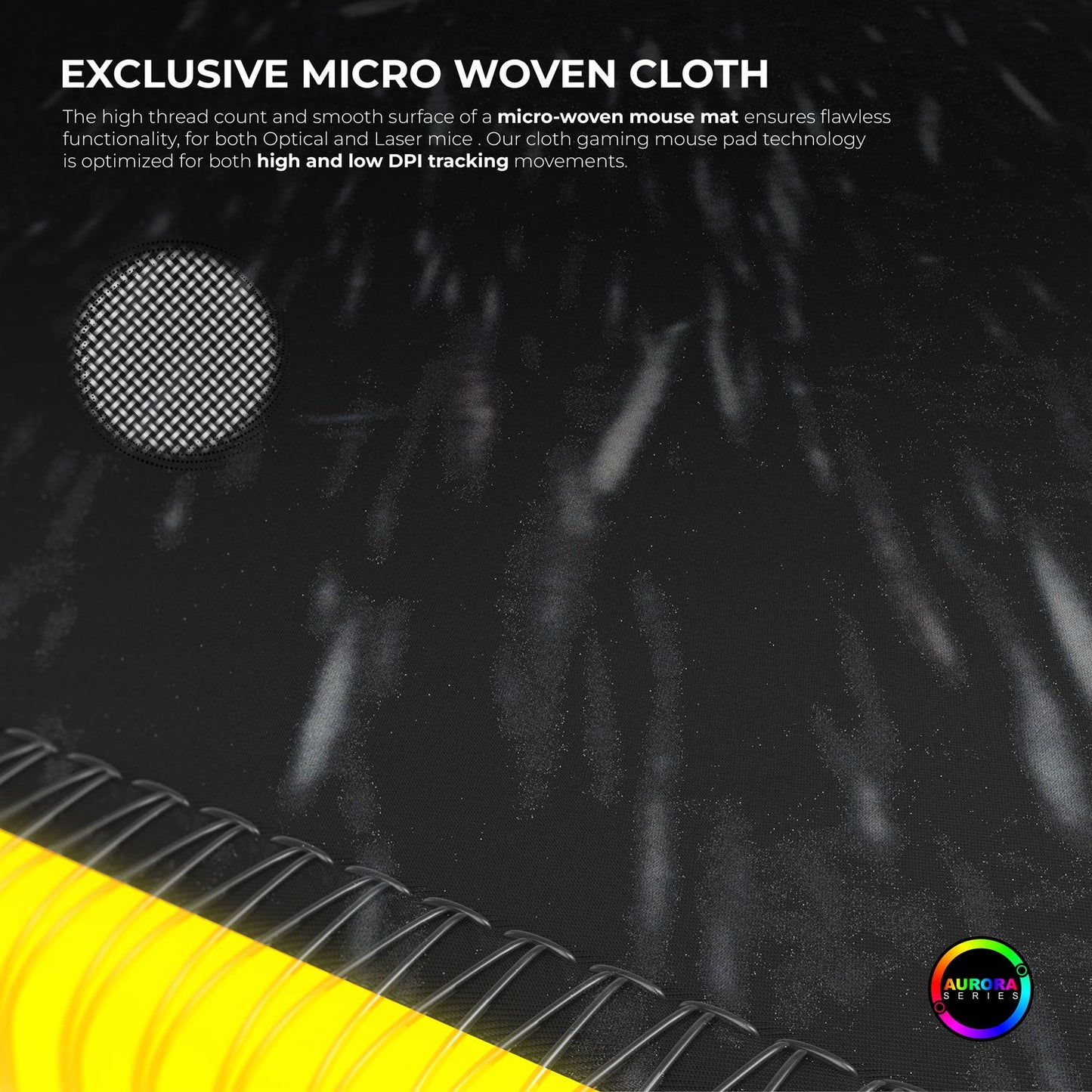 Gaming mouse pad with micro-woven cloth surface and text about product features.