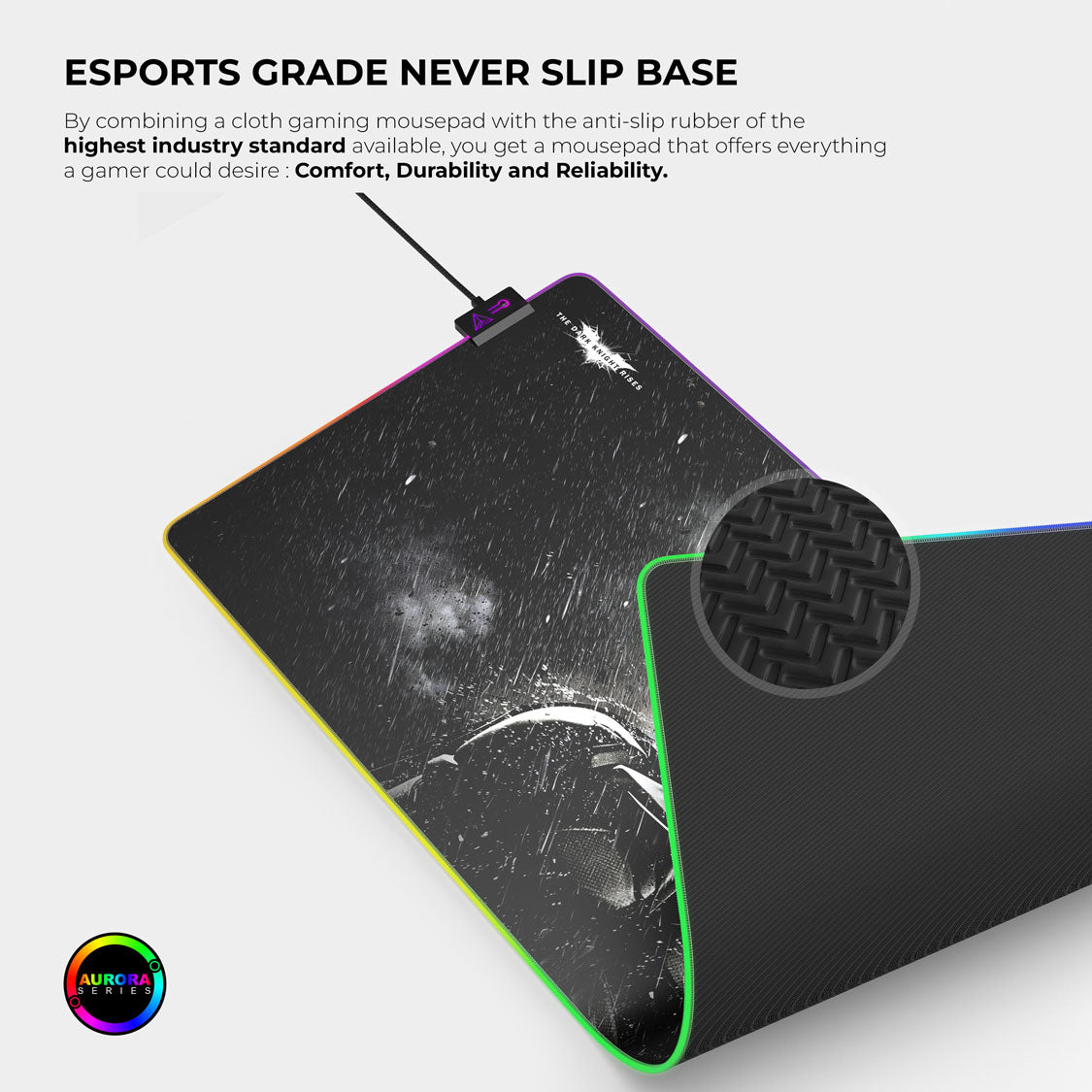 Gaming mousepad with anti-slip rubber base and text about esports grade quality.