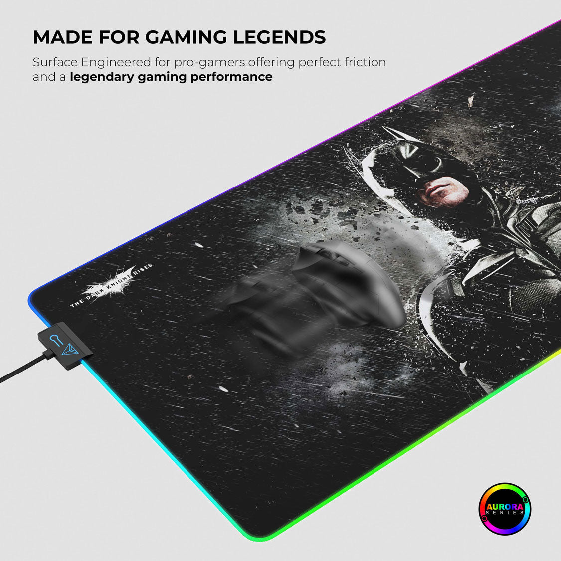 Mouse pad with superhero design and text about gaming performance on a light gray background