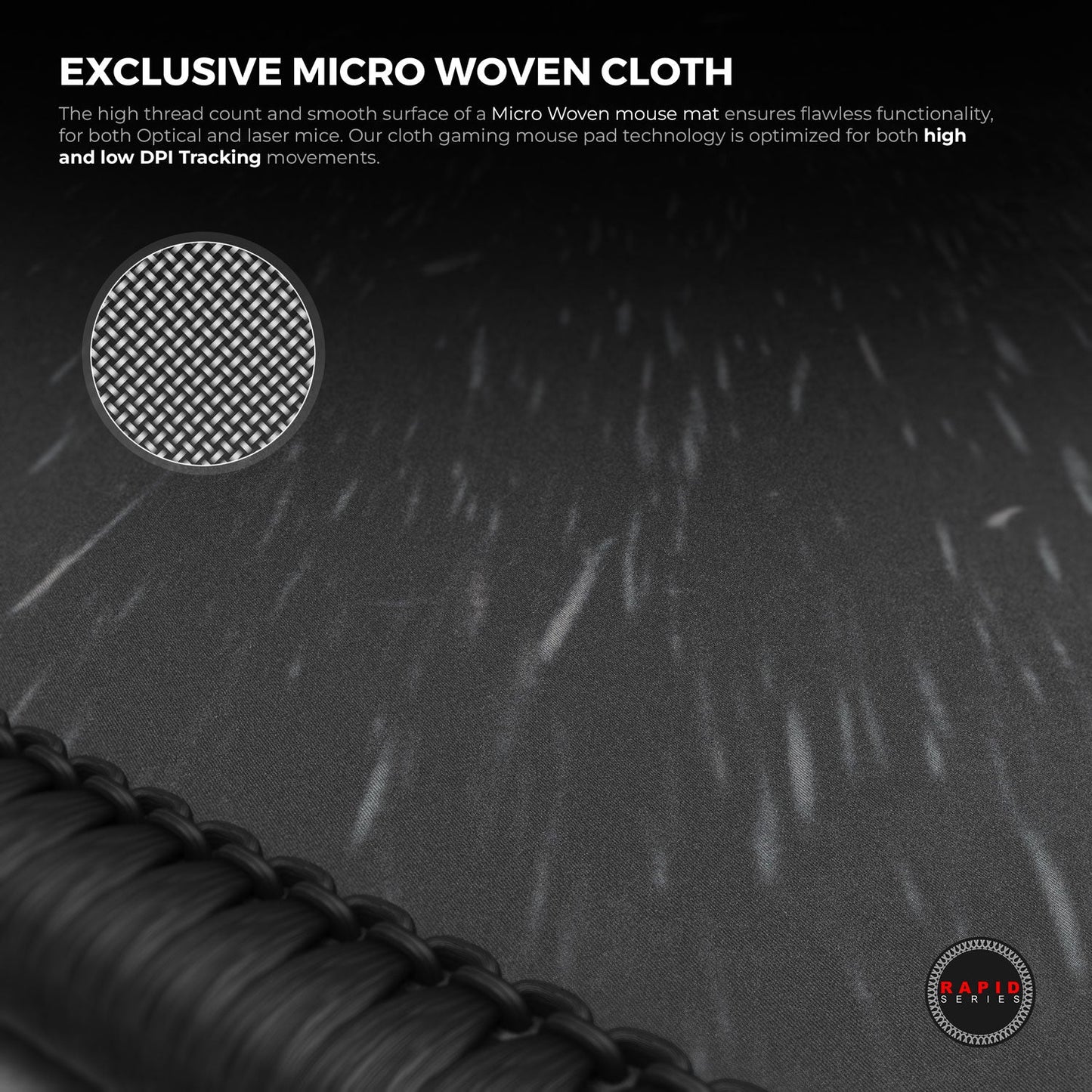 Gaming mouse pad with micro woven cloth texture and brand logo.