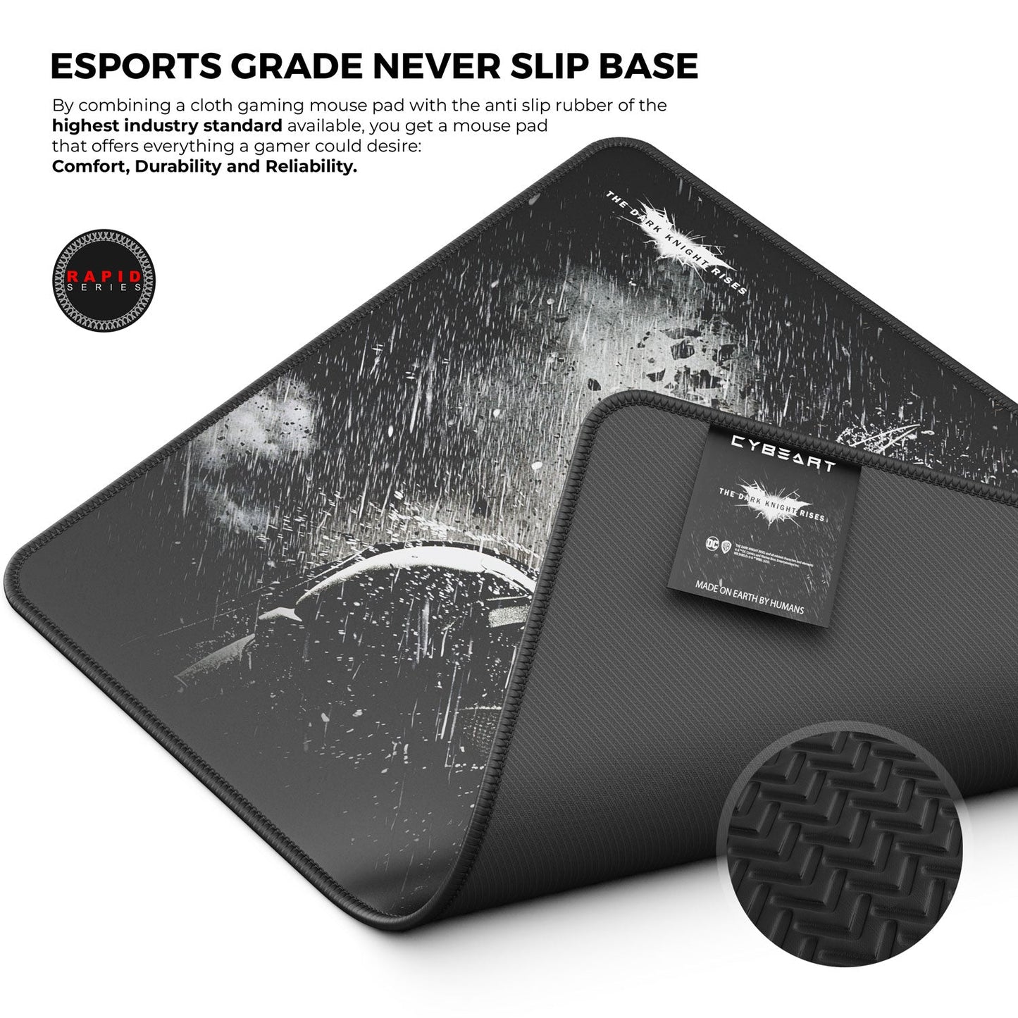 Gaming mouse pad with anti-slip base and brand logo on a white background