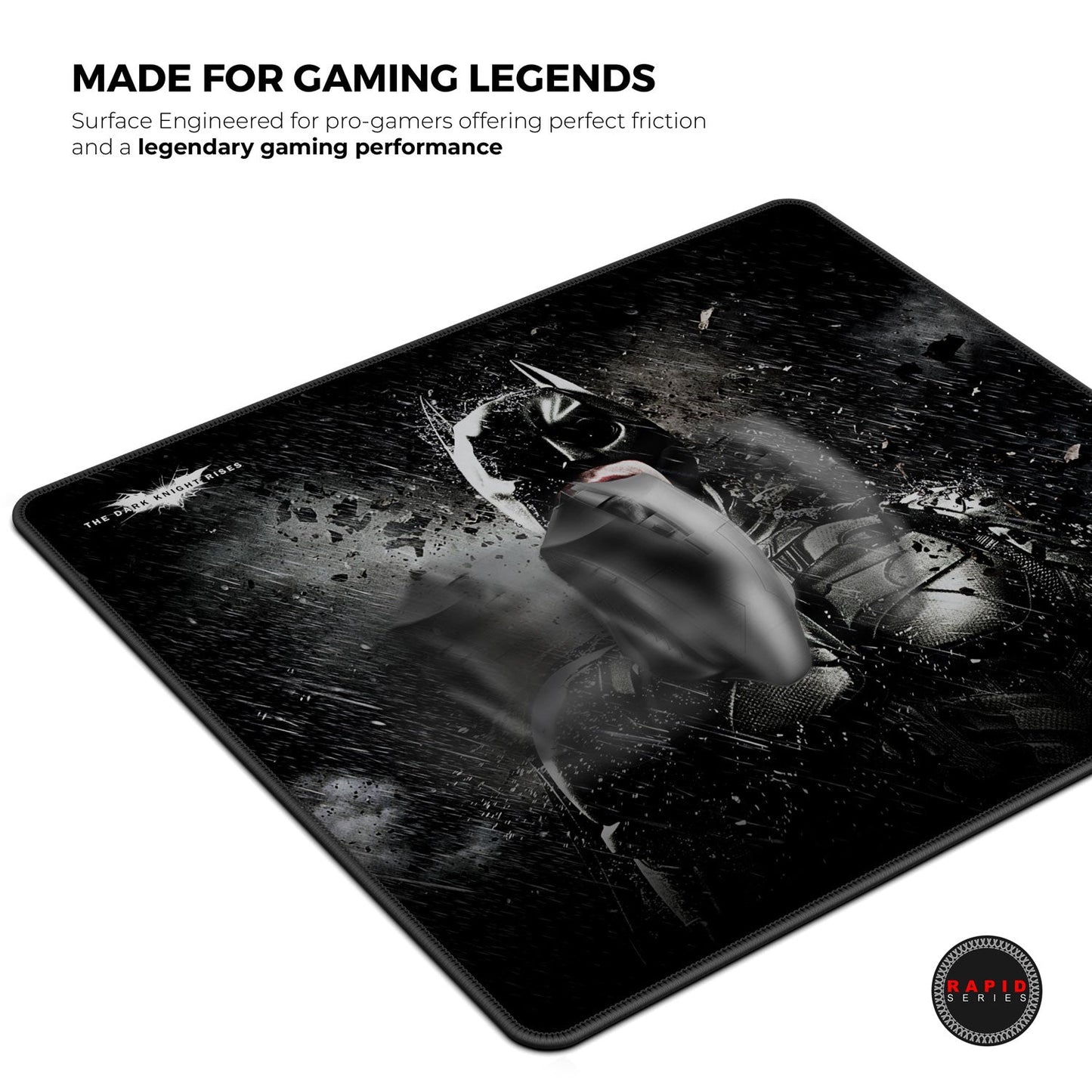 Gaming mouse pad with a black and white design of a character in a dynamic pose, featuring text about gaming performance.