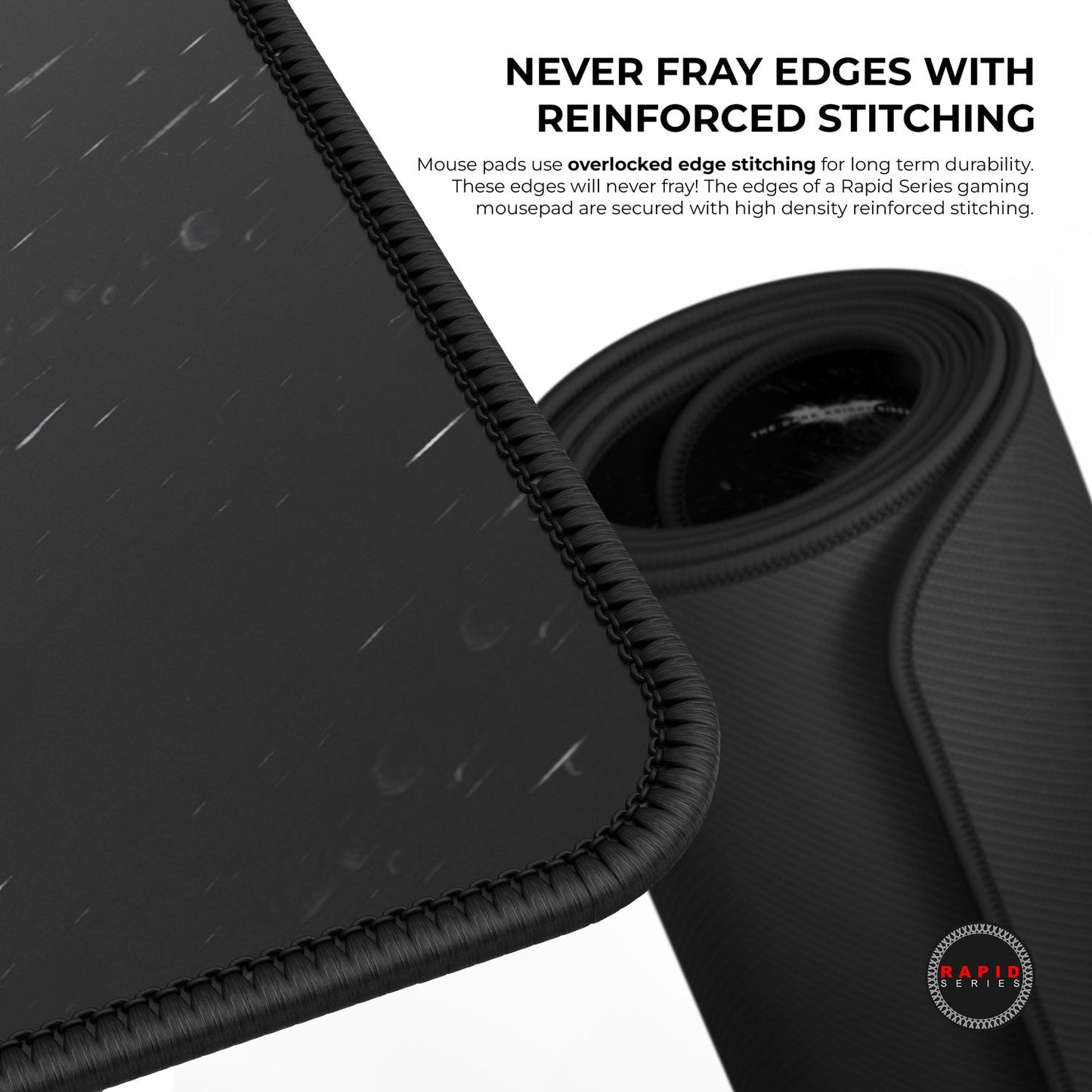 Black mouse pad with reinforced stitching and text about durability.