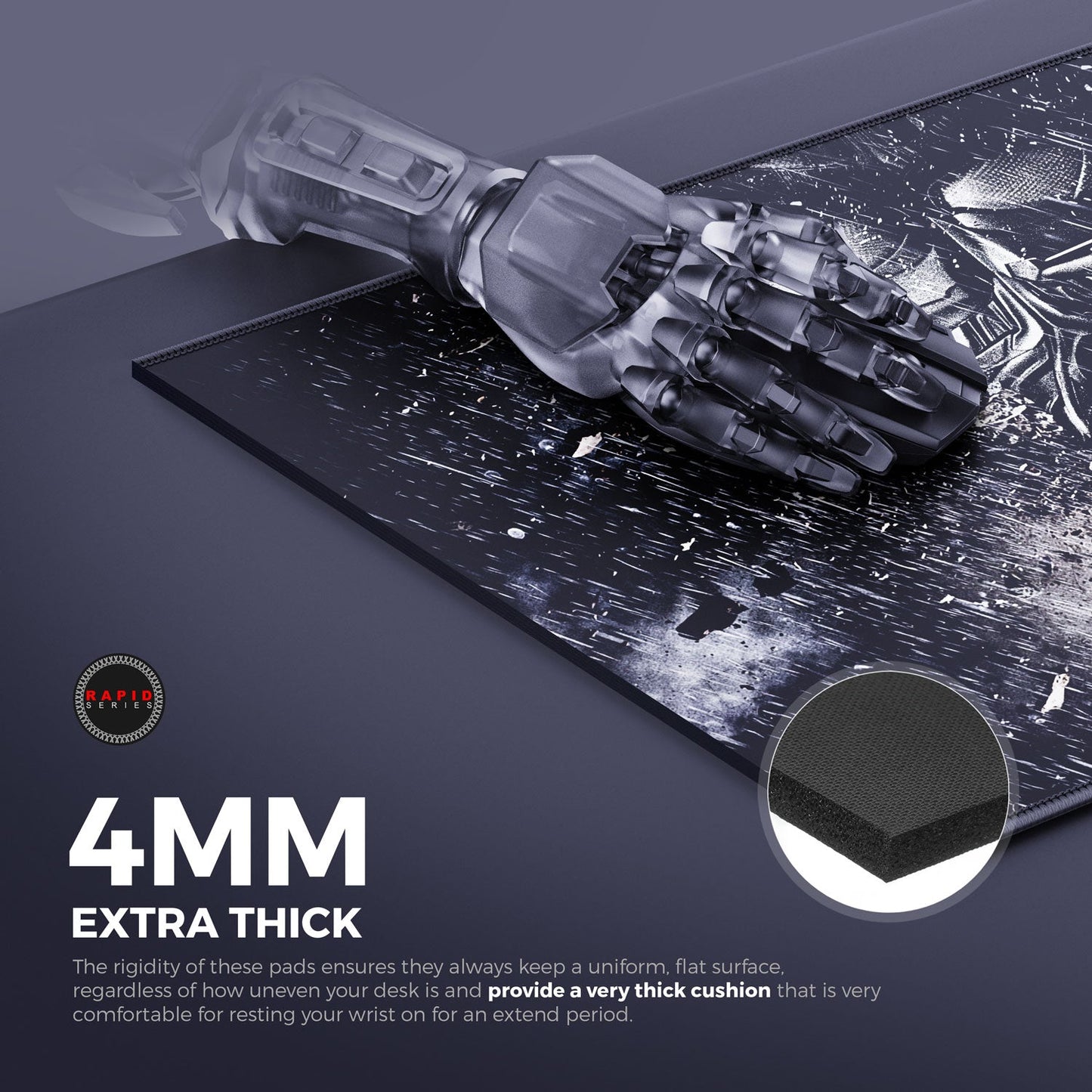 Mouse pad with a thick black foam layer and text highlighting its thickness.