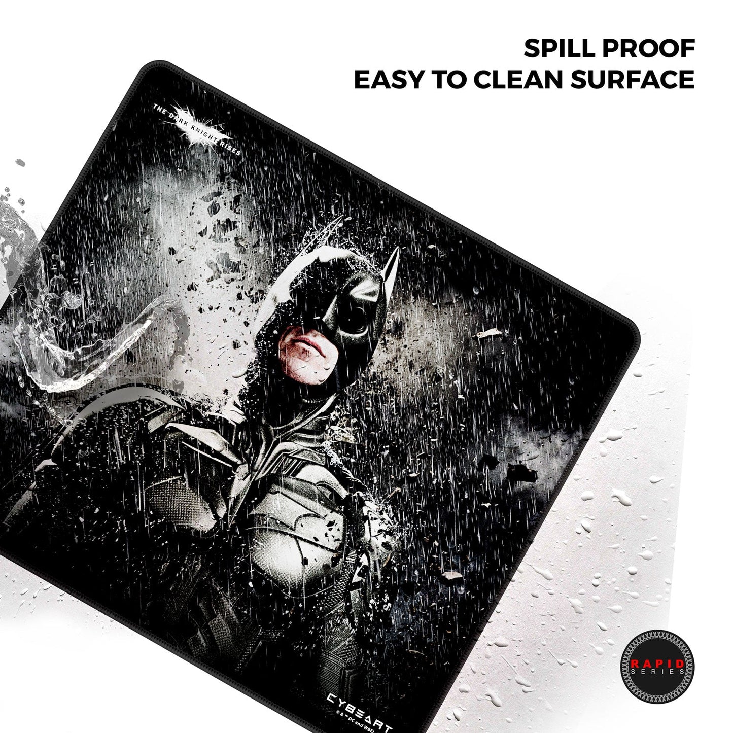 Batman-themed mouse pad with 'Spill Proof' and 'Easy to Clean Surface' text on a white background.