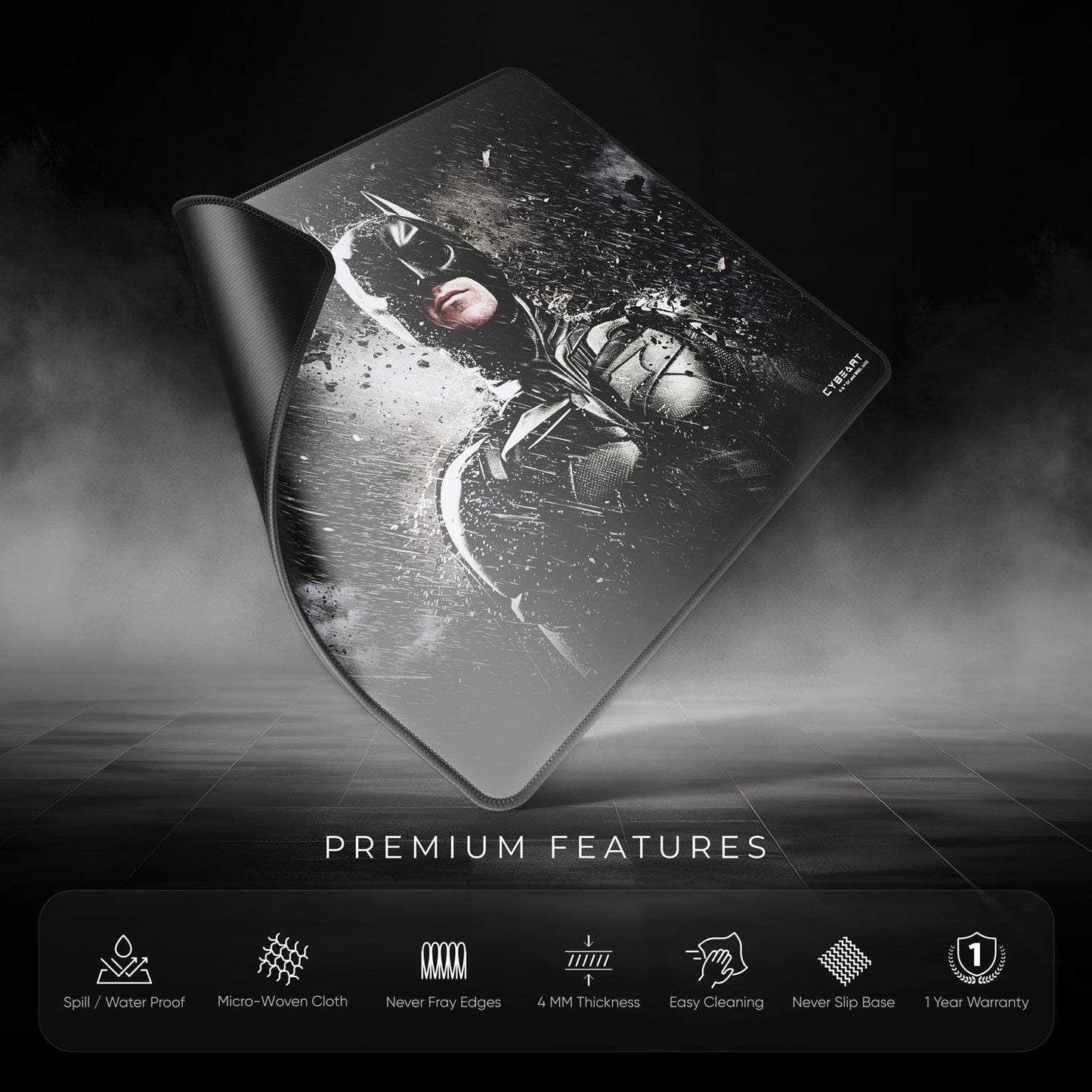 Gaming mouse pad with black and white design on a dark background