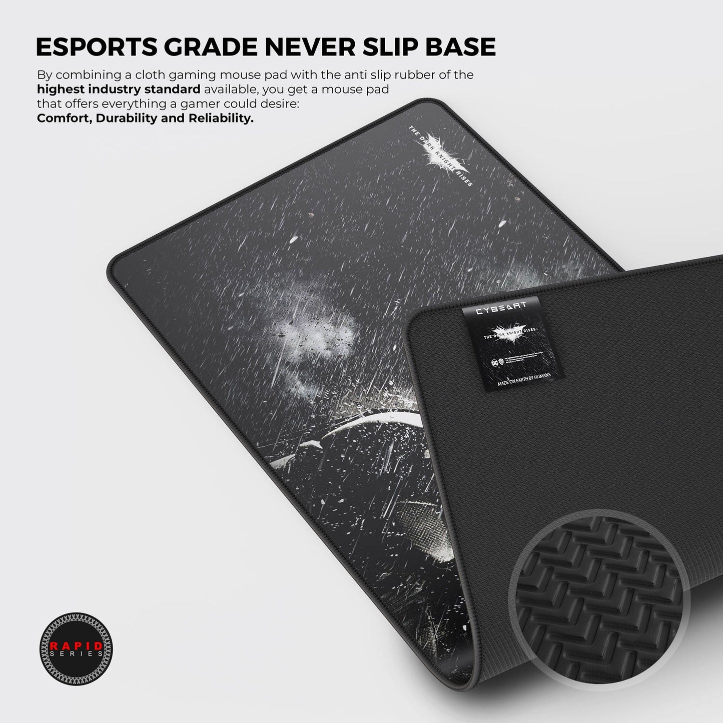 Gaming mouse pad with anti-slip rubber base on a white background