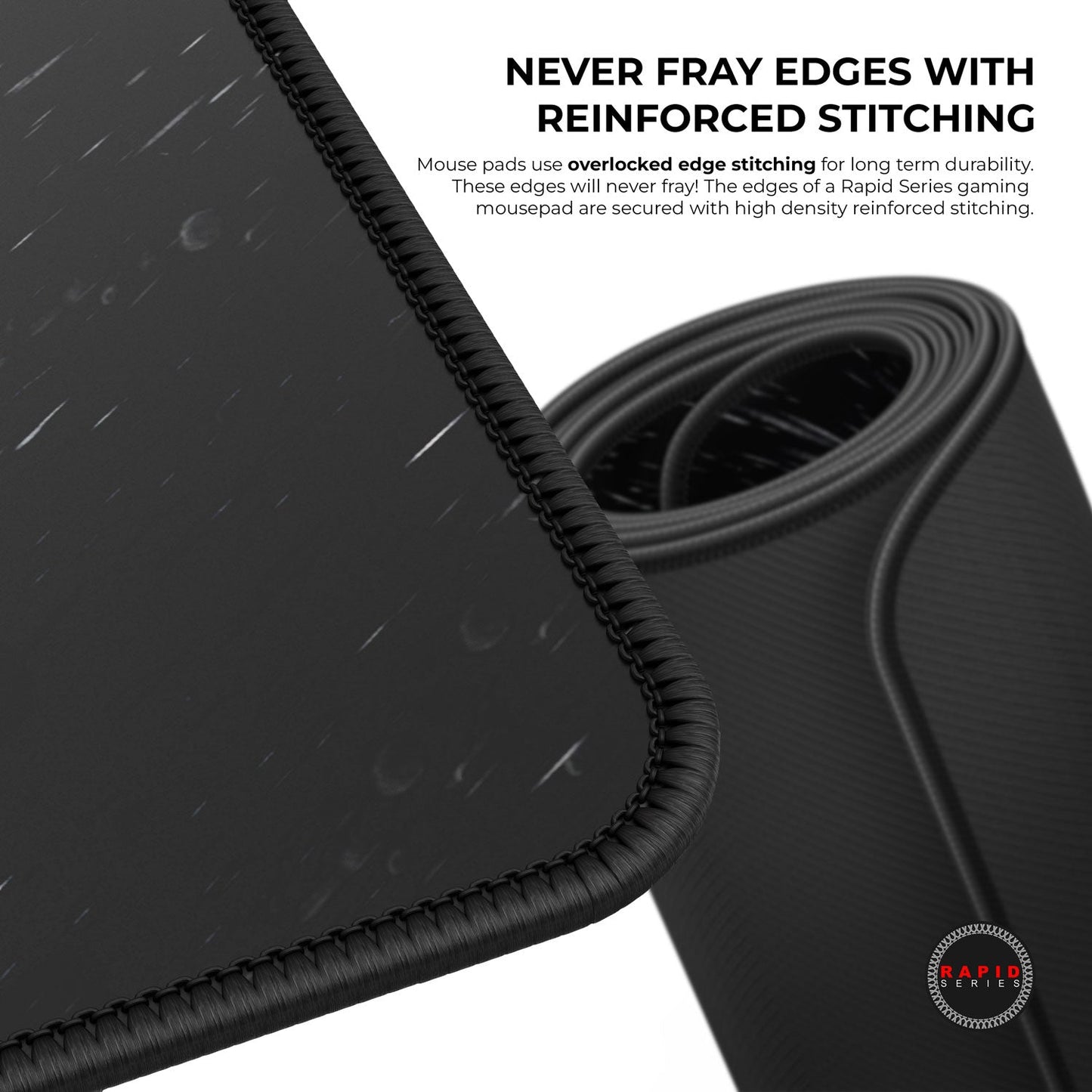 Black mouse pad with reinforced stitching and text on durability.
