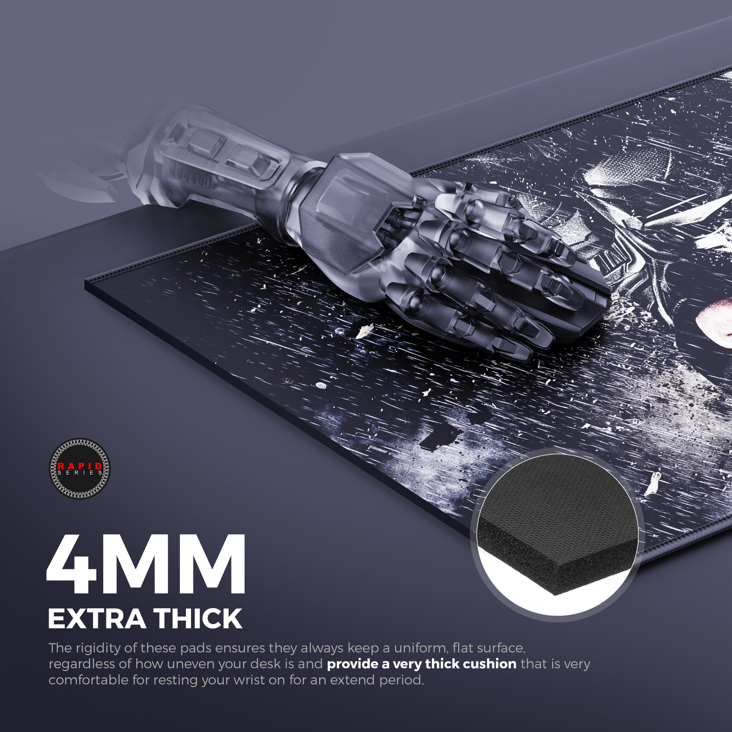 Mouse pad with a thick foam layer and a hand-shaped wrist rest on a dark surface.