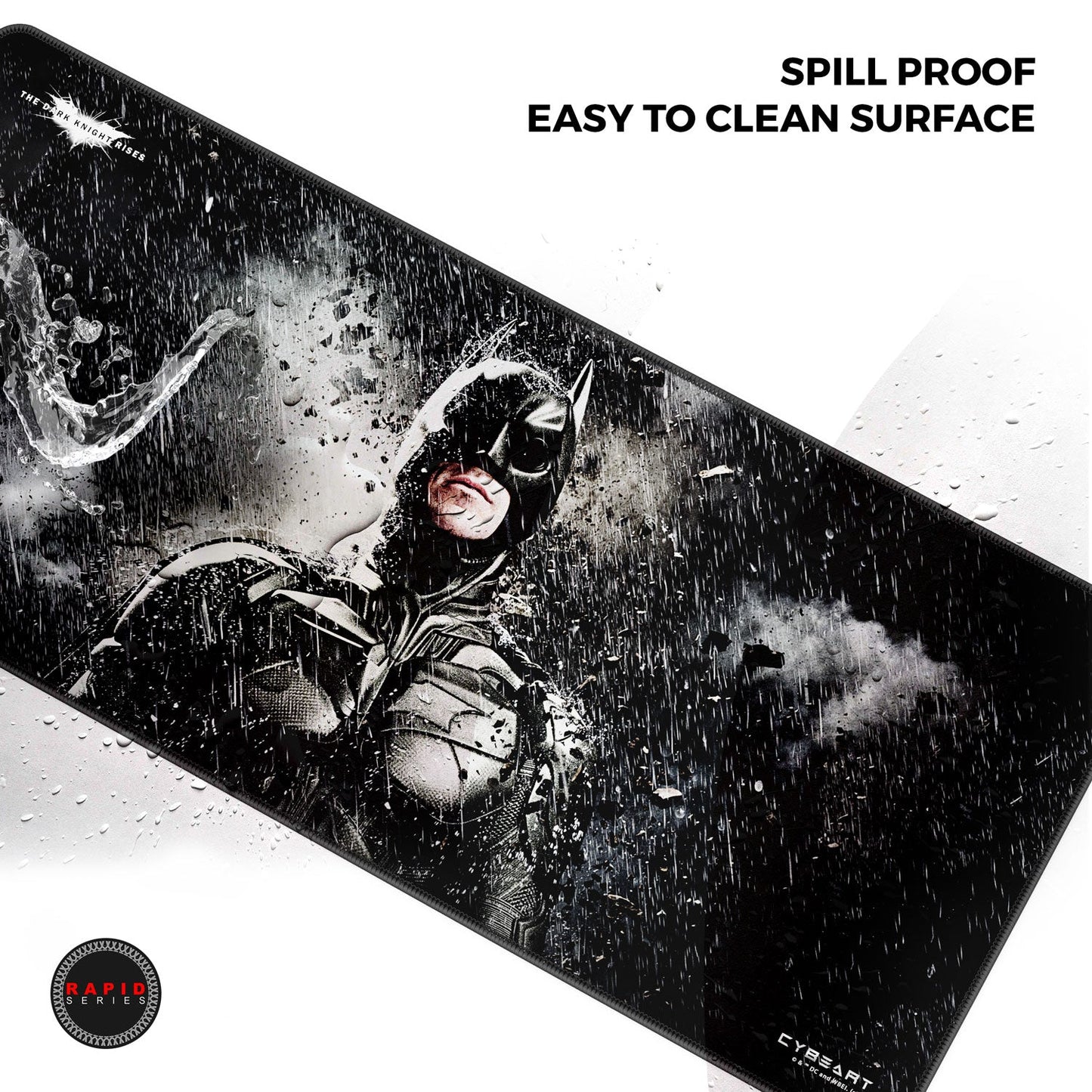 Large mouse pad with a superhero design and text about spill proof and easy cleaning surface, brand 'Cyrust' visible.