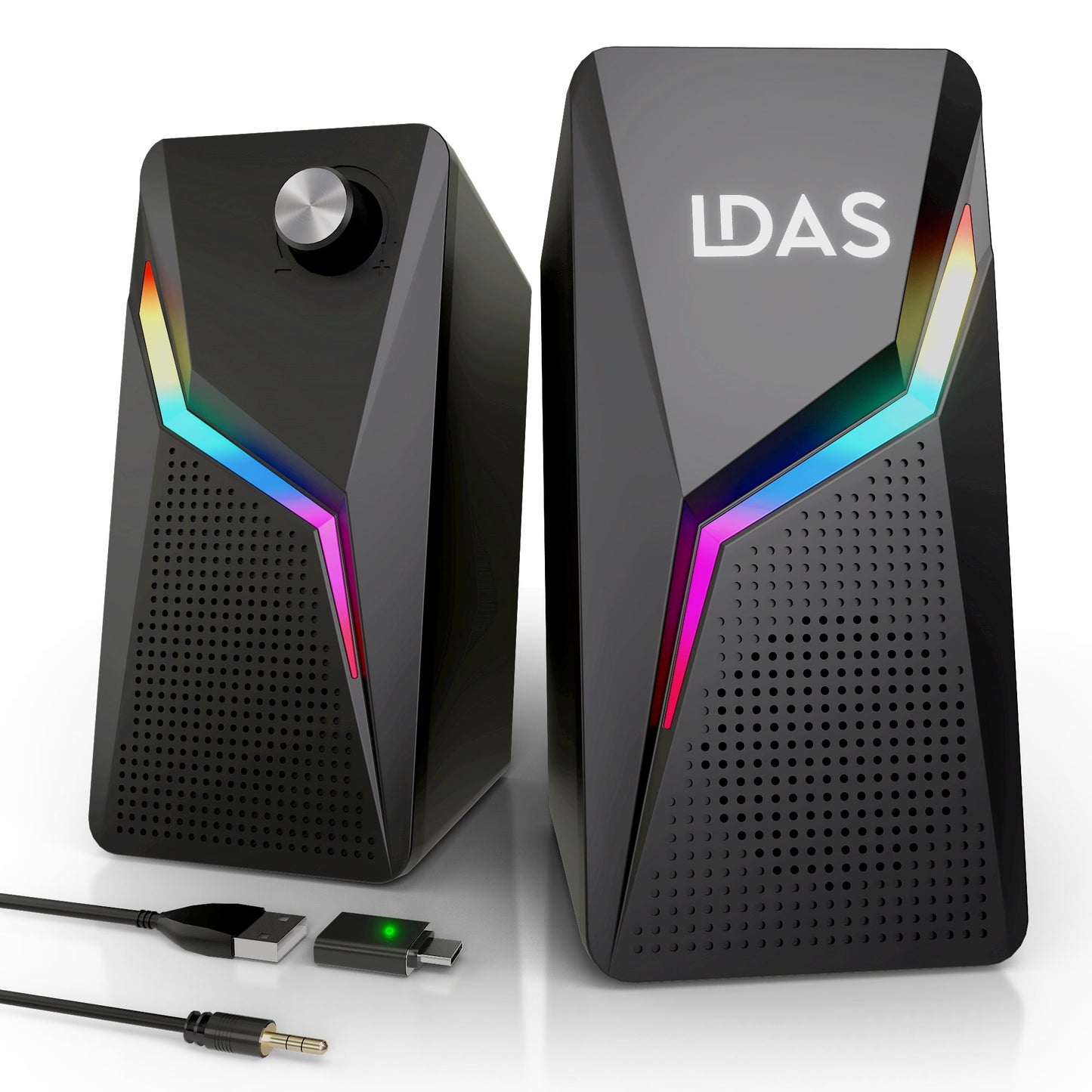 Black computer speakers with RGB lighting and USB cable on a white background