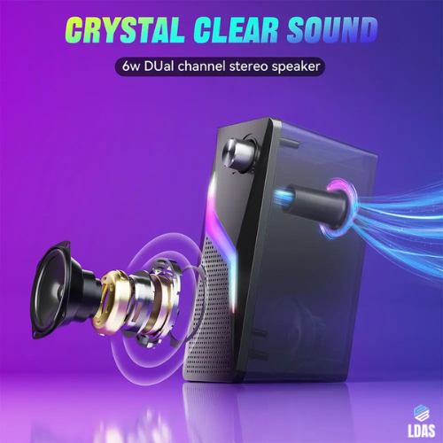 Stereo speaker with 'Crystal Clear Sound' text on a purple background