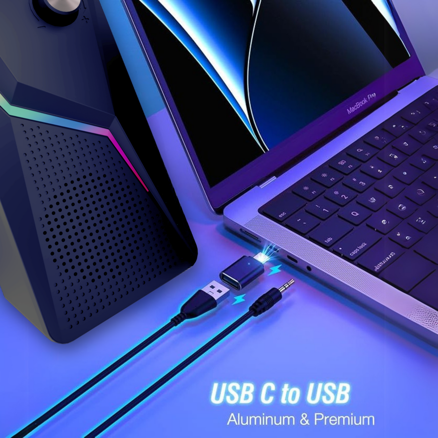 Laptop with USB C to USB cable and external device on a blue gradient background