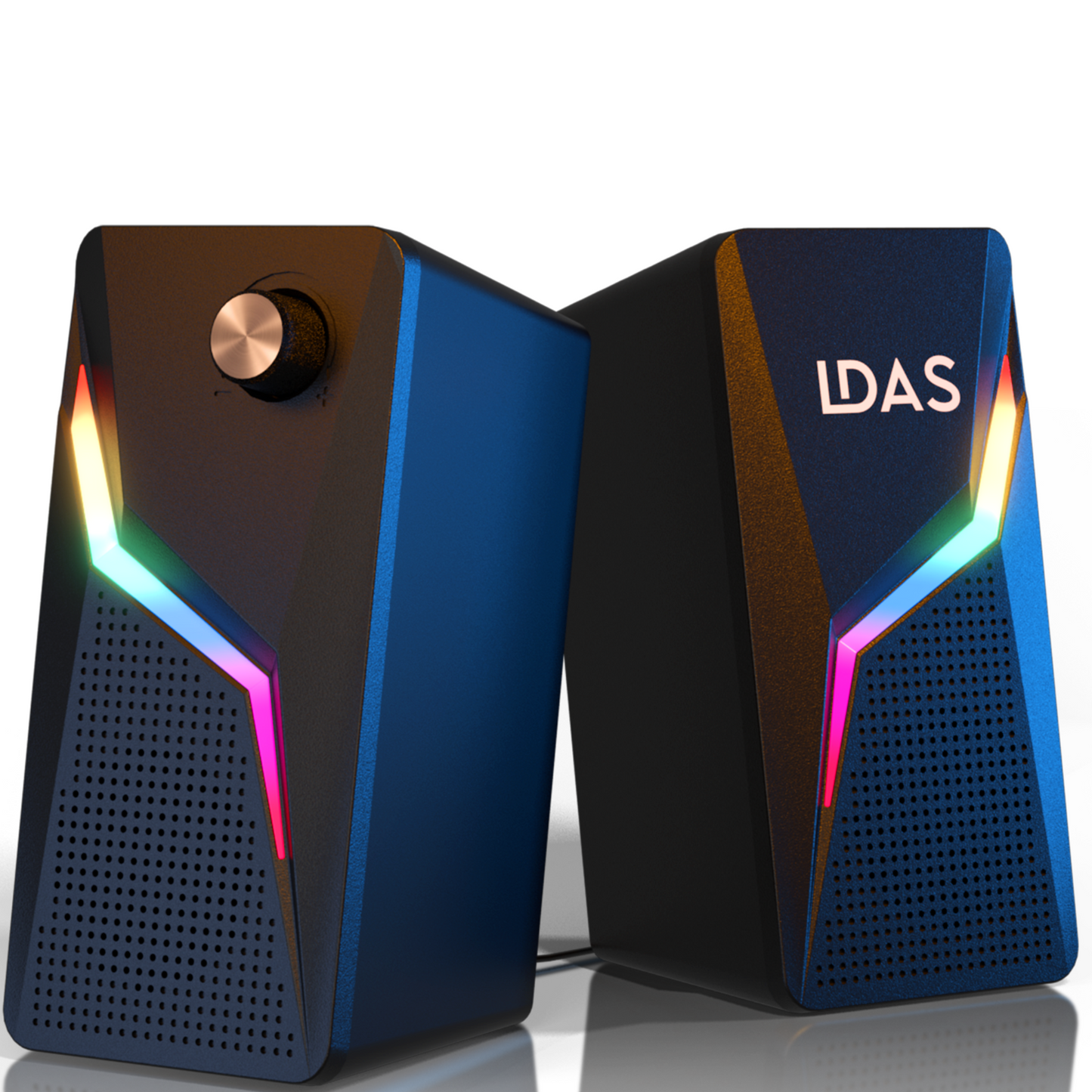 Pair of RGB lighting computer speakers with 'LDAS' branding on a white background