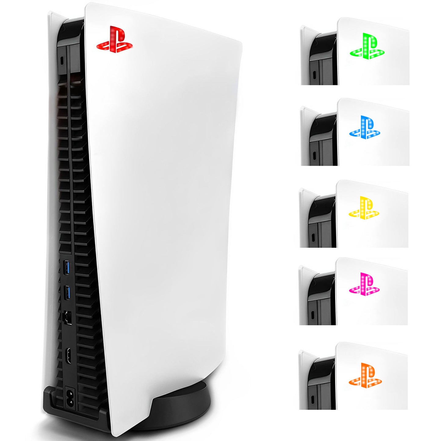 White gaming console with colorful logos on a white background