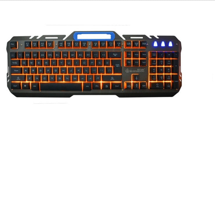 Gaming keyboard with orange backlighting on a white background