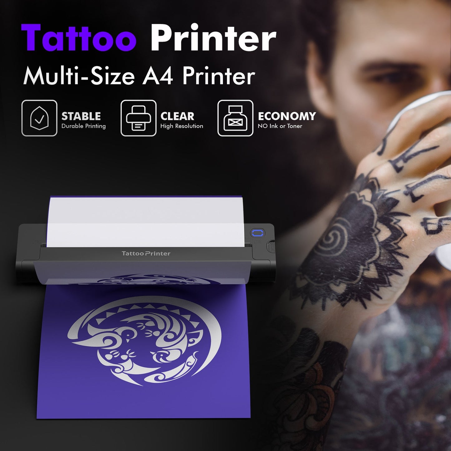 Tattoo printer with a printed design on purple paper, next to a person with tattoos.