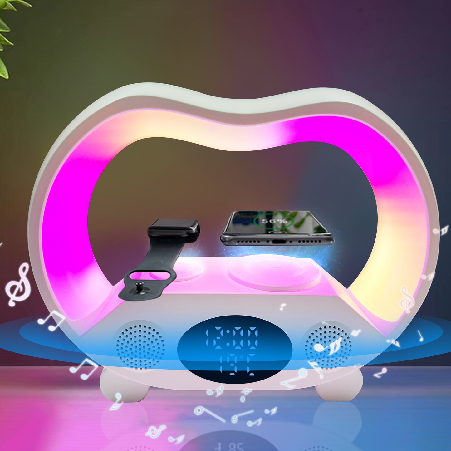Colorful heart-shaped device with a smartphone on a reflective surface