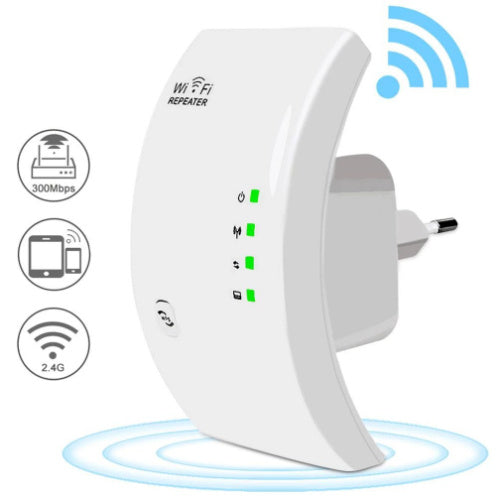 White WiFi repeater with icons and a blue wireless signal icon on a white background