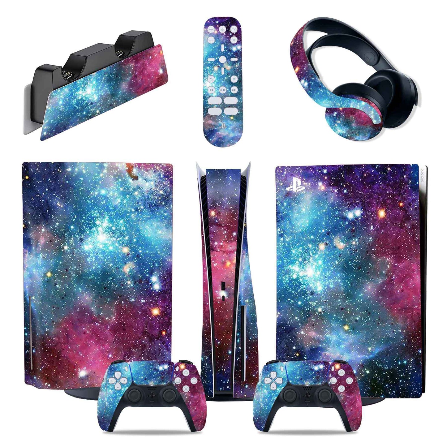 Gaming console and accessories with a galaxy-themed skin on a white background