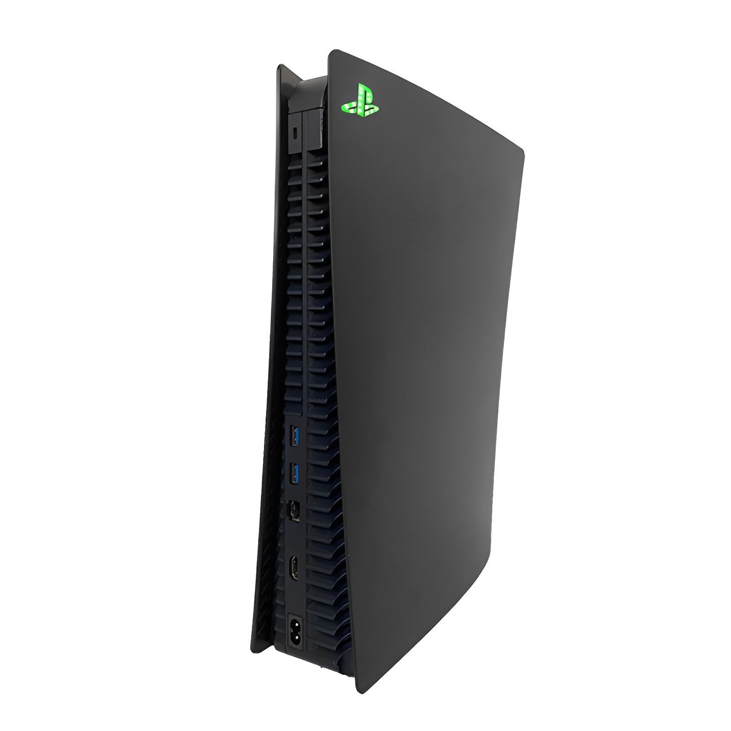 Black gaming console with green logo on a white background