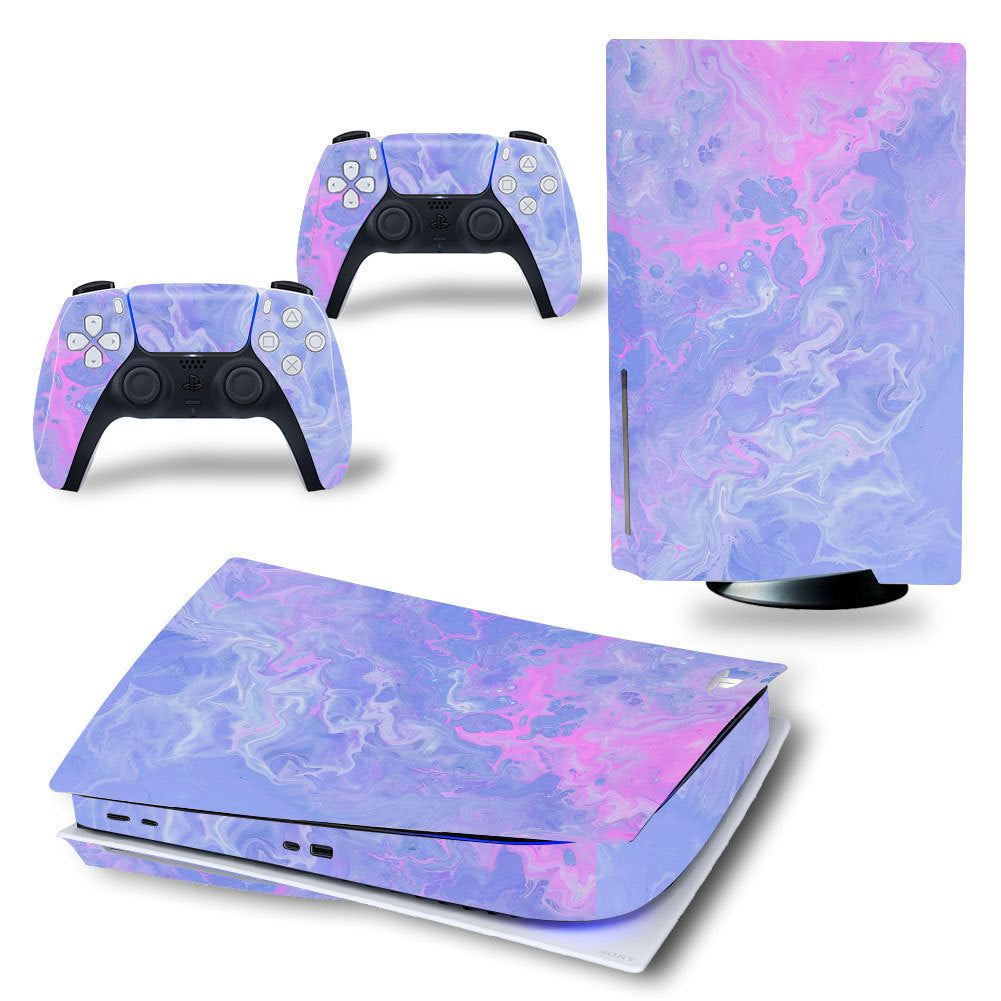Gaming console and controllers with a purple and pink marble skin on a white background