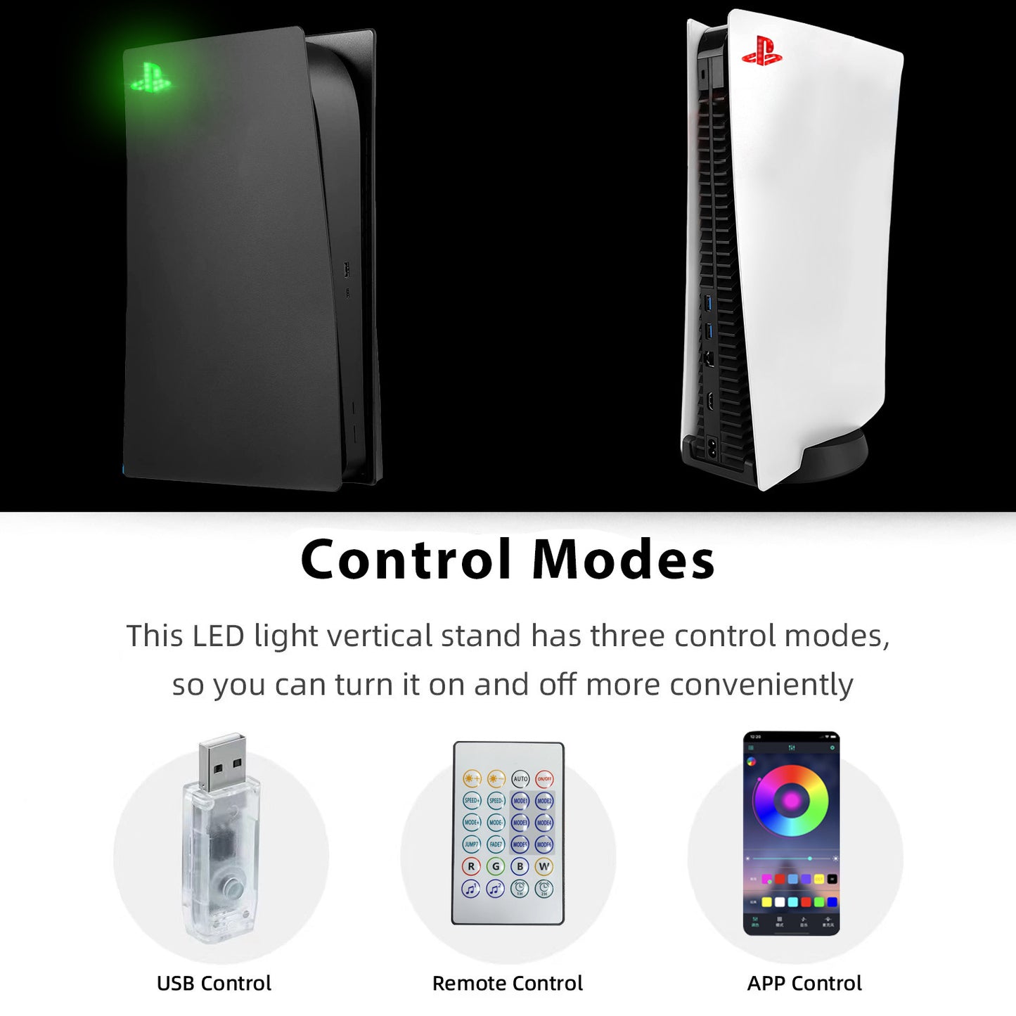 Two gaming consoles with LED lights and control modes displayed below.