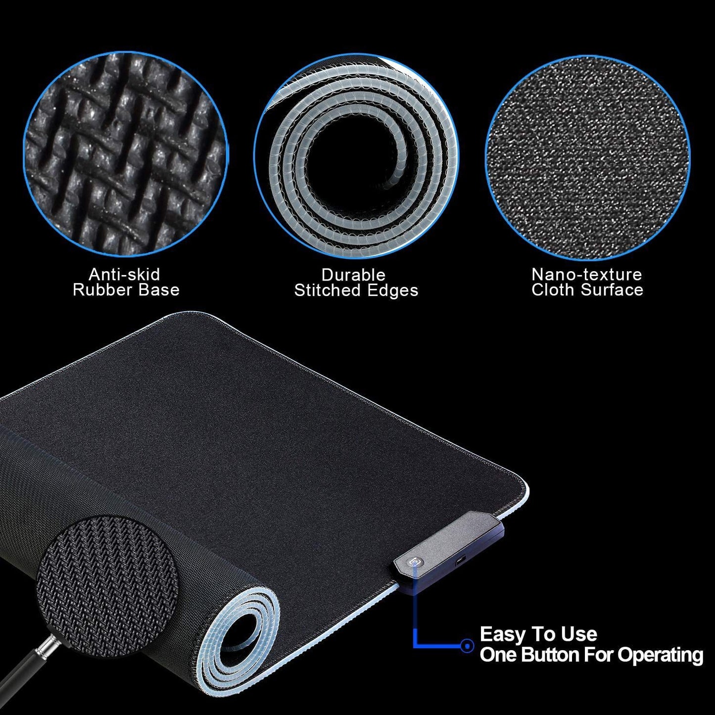 Black mouse pad with detailed features on a black background