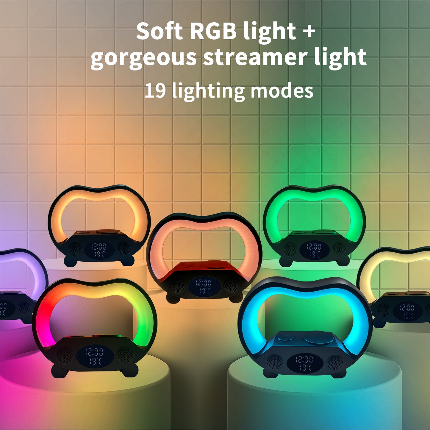 Colorful LED night lights with digital displays on a tiled wall background, featuring text about soft RGB light and 19 lighting modes.