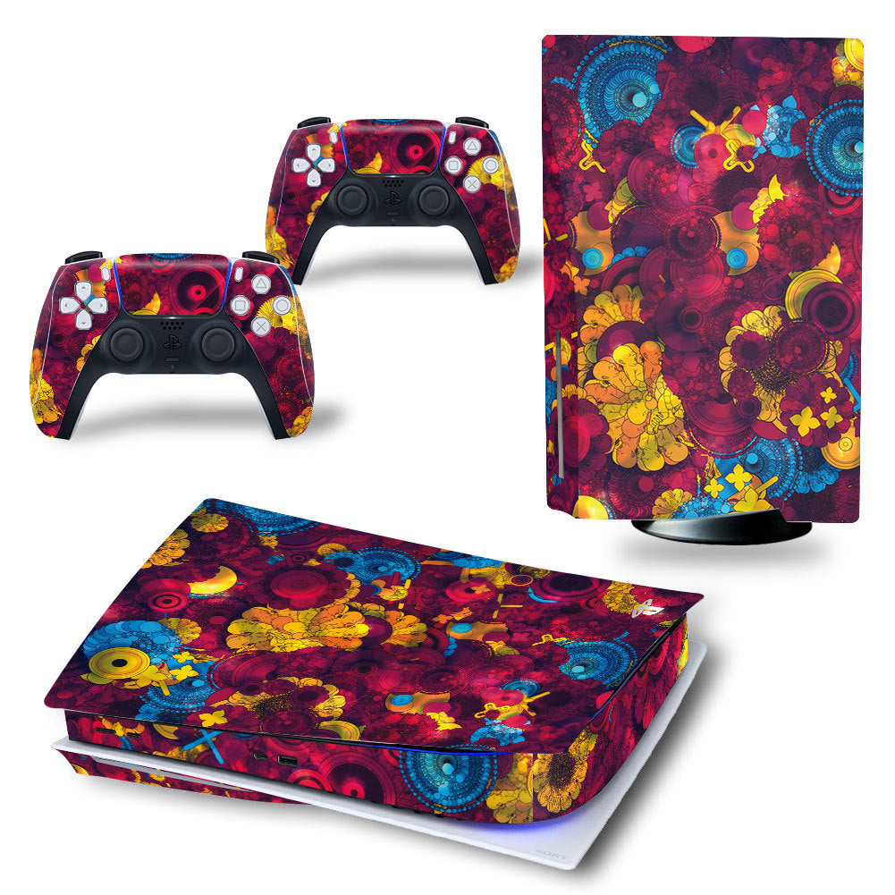 Gaming console and controllers with colorful abstract design on a white background