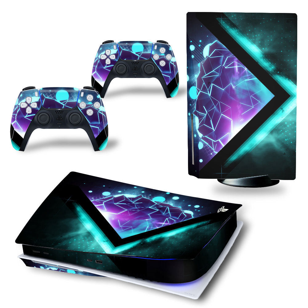 Gaming console and controllers with a futuristic design on a white background