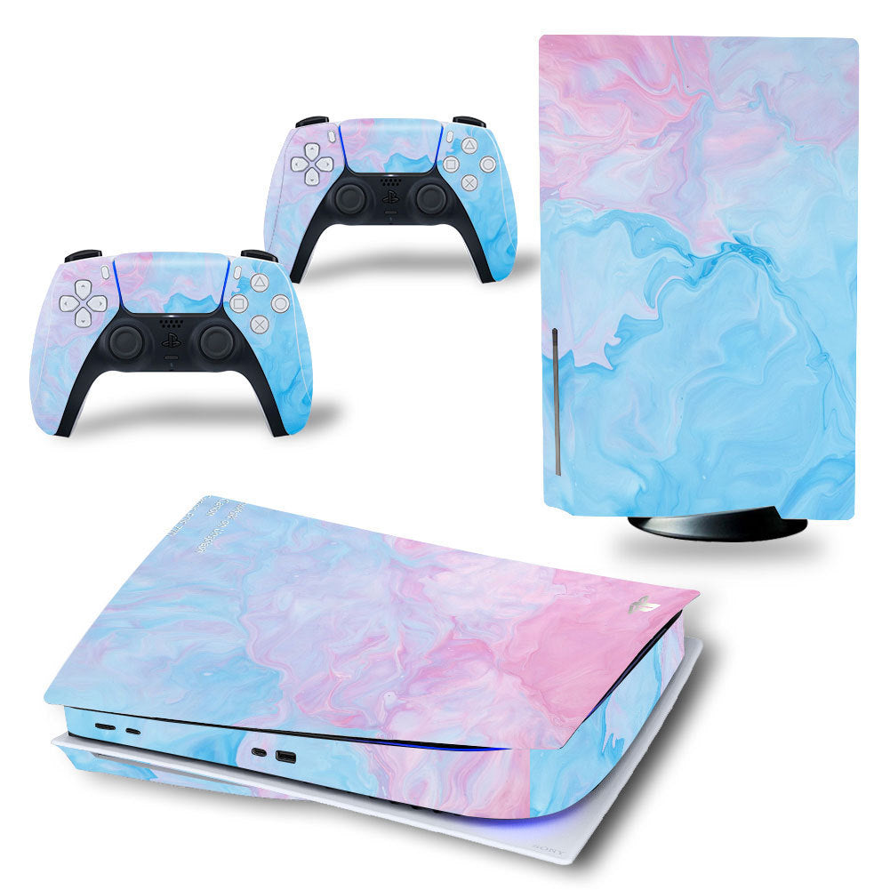 Gaming console and controllers with a pastel marble design on a white background