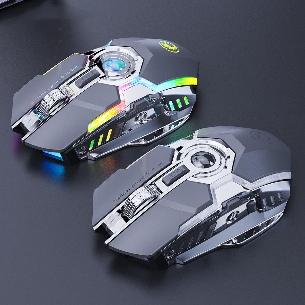 Two futuristic gaming mice with RGB lighting on a dark background