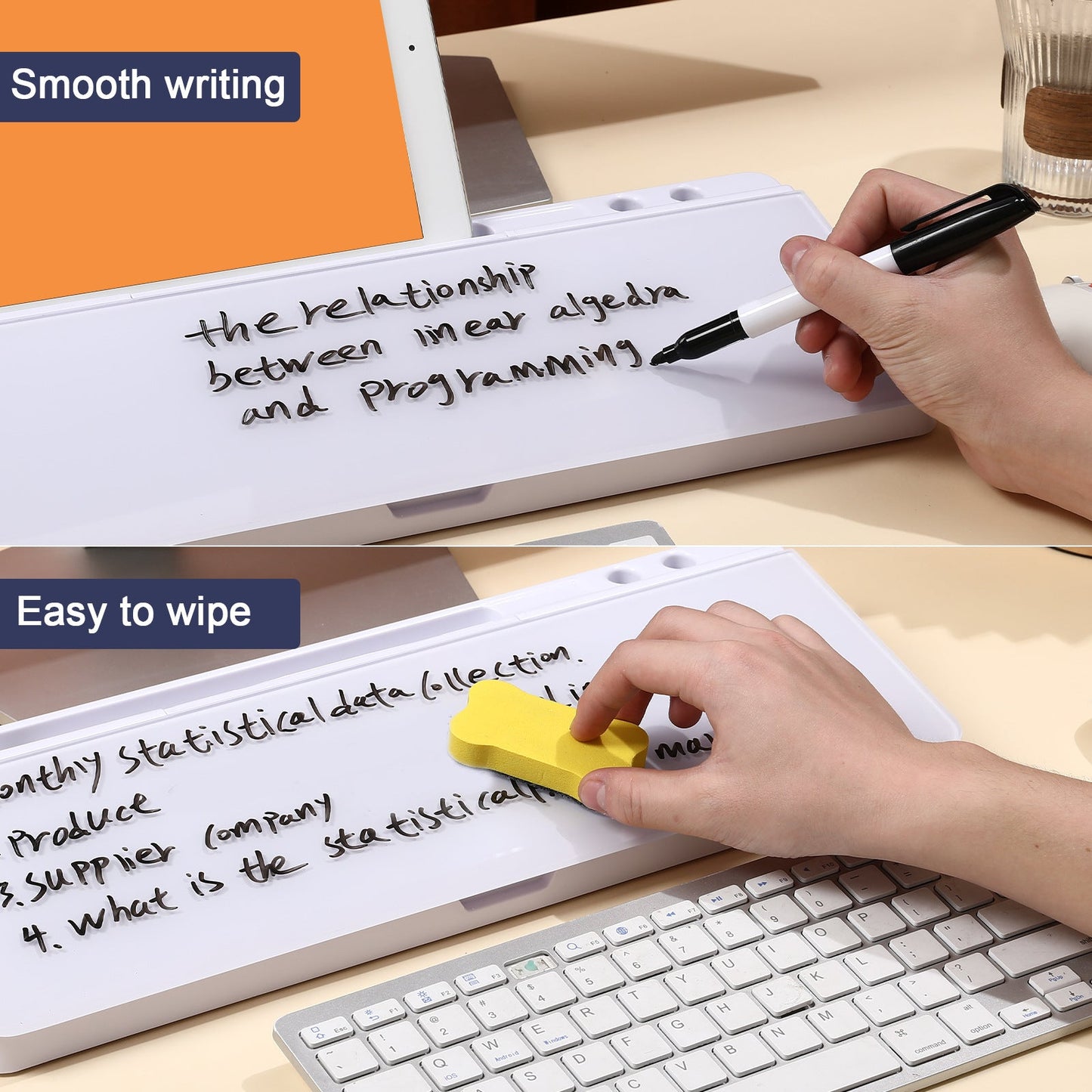 Person writing on a whiteboard with a marker, followed by erasing it with a yellow eraser.